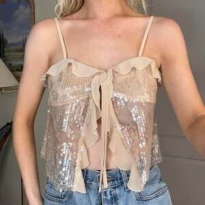 Unbranded Cream Sheer Sequin Tie-Front Ruffle Tank Top